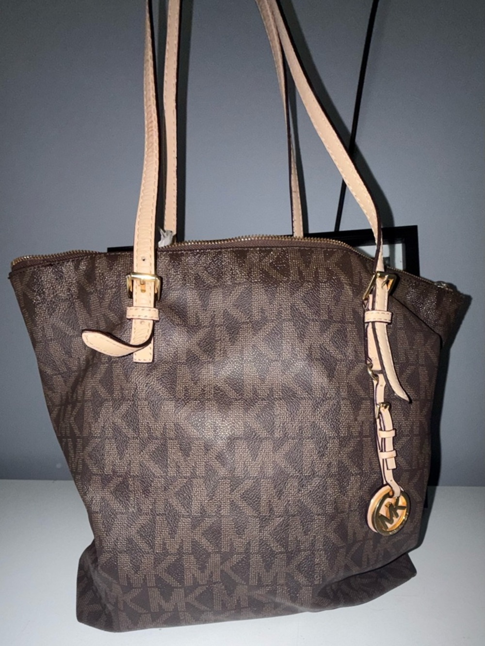 Michael Kors Brown Logo Tote with Light Tan Straps and Gold Accent